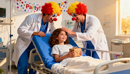Two medical professionals in clown costumes bring laughter and a presentation to a smiling young girl, celebrating a party in her hospital room to lift her spirits.の素材