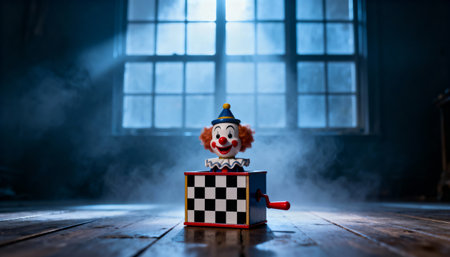 A scary jack in the box clown toy sits on a wooden floor in a dark, abandoned room. Eerie light streams through a window, illuminating smoke and creating a horror scene.の素材