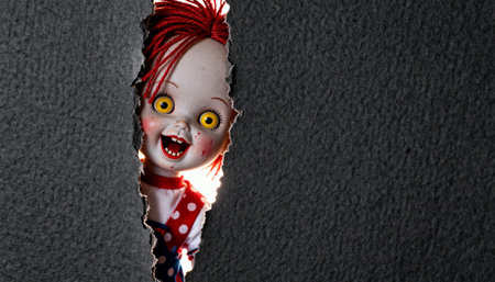 A terrifying doll with bright yellow eyes and red hair emerges from a dark, torn surface. The sinister smile and dramatic lighting create a scary, nightmarish scene perfect for horror themes.の素材