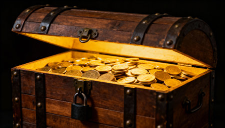 An old wooden pirates chest is slightly open, revealing a hoard of shiny gold coins. A warm, magical light emanates from within, illuminating the treasure against a dark backdrop.の素材
