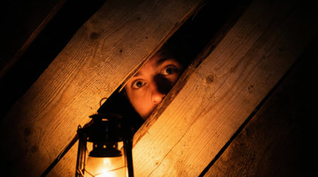 A frightened person with fearful eyes peeks through a crack in a wooden wall, illuminated only by the warm glow of an old lantern in a dark, scary environment.の素材