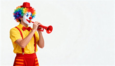 A person in full clown makeup and a vibrant costume including a rainbow wig, yellow shirt, and red pants plays a toy horn against a clean white studio background.の素材