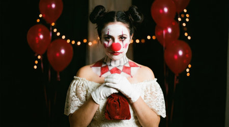 A portrait of a woman with white face paint, a red nose, and dark eye makeup dressed as a creepy clown. She stands in front of red balloons and string lights on a dark background.の素材