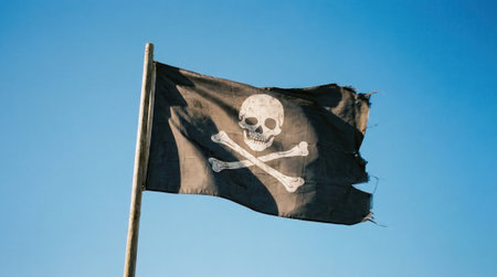The iconic Jolly Roger pirate flag, a black banner with a white skull and crossbones, flutters in the wind on a flagpole under a clear, sunny sky, symbolizing danger and adventure.の素材