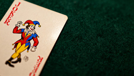 A close-up macro shot of a single Joker playing card on a textured green felt surface. This image represents concepts of gambling, luck, chance, wild cards, and games like poker.の素材
