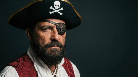 A close up studio portrait of a mature man with a beard and an eyepatch, dressed in a pirate costume with a hat featuring a skull and crossbones symbol against a dark background.の素材