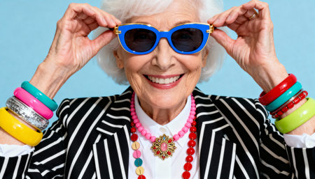 A fashionable and joyful senior woman with a radiant smile adjusts her blue sunglasses. She wears a striped blazer and vibrant, colorful necklaces and bracelets against a studio background.の素材