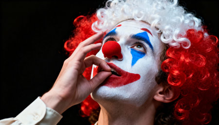 A dramatic close-up of a male clown with white face paint, a red nose, and a vibrant wig. He looks upwards thoughtfully while touching his red painted smile against a black background.の素材