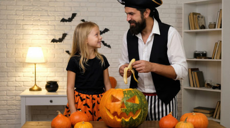 A bearded man dressed as a pirate and a little girl smiles at each other while preparing for Halloween with a carved pumpkin and decorations in a cozy room.の素材