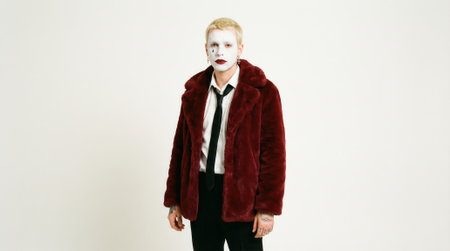 A stylish individual with theatrical mime makeup and blonde hair, wearing a burgundy faux fur jacket, white shirt, and black tie, posing in a studio against a plain background.の素材