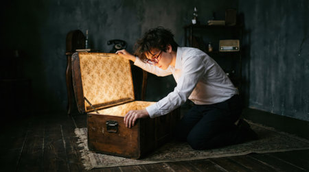 A man in a white shirt knees on a rug in a dimly lit room, his face illuminated by a magical golden light from an open vintage trunk he is looking into.の素材
