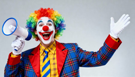A happy circus clown with a rainbow wig, red nose, and bright makeup shouts into a loudspeaker to make an announcement while waving his hand on a gray background.の素材