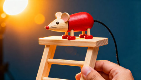 A persons hand holds up a miniature wooden stool where a cute red toy mouse is standing. A bright, warm light shines in the background against a dark blue wall, creating a playful scene.の素材