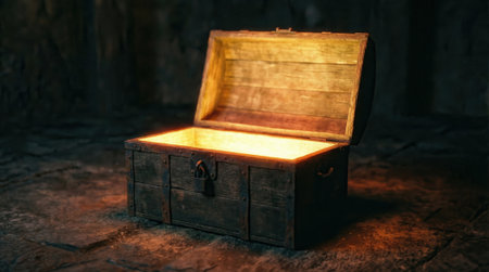 An old weathered treasure chest sits open on a stone floor, its interior radiating a brilliant magical golden light that illuminates the surrounding darkness.の素材