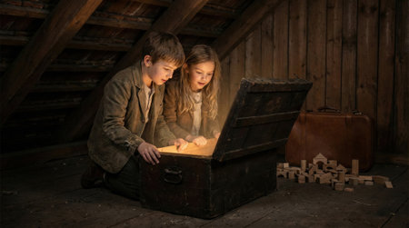 A young boy and girl kneel in a dark, dusty attic, their faces lit with awe by a magical golden glow from a mysterious treasure chest they have just opened.の素材