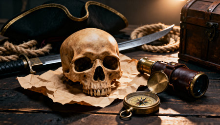 A dramatic still life of a pirates adventure with a skull, ancient map, compass, and cutlass on a wooden table, hinting at hidden treasure and danger.の素材