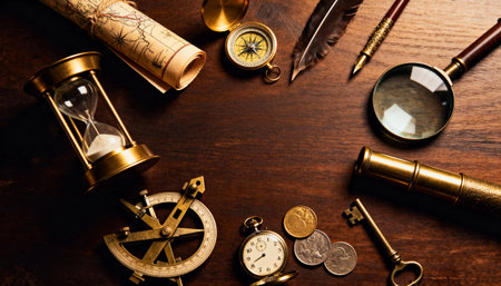A flat lay of antique objects for adventure and discovery on a dark wood background. Includes a map, compass, hourglass, sextant, spyglass, and magnifying glass with copy space.の素材