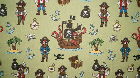 A playful and repeating pattern featuring cartoon pirates, ships, treasure chests, islands, and anchors on a light green background. Ideal for kids textiles or wallpaper.の素材