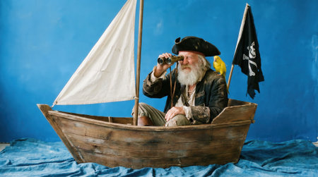 A humorous portrait of an old man with a white beard in a pirate costume, complete with a parrot and spyglass, sailing in a tiny boat with a Jolly Roger flag.の素材
