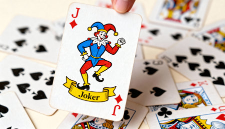 A close-up shot of a hand holding up a colorful Joker playing card, with numerous other playing cards scattered and blurred in the background, creating a dynamic composition.の素材