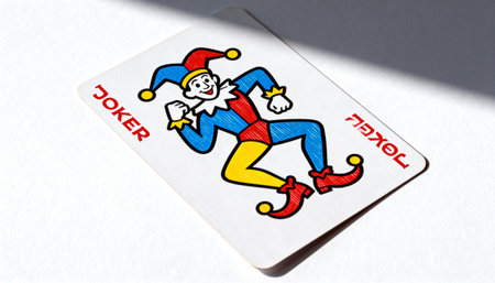 A single joker playing card, featuring a colorful jester illustration, rests on a clean white surface, casting a subtle shadow.の素材