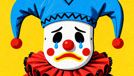 A close-up illustration of a sad clowns face with tears streaming down its cheeks. The clown wears a blue jester hat and a red ruffled collar against a bright yellow background.の素材