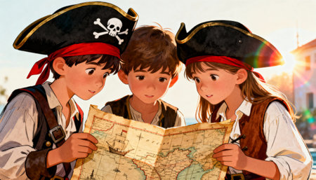 Three animated children dressed as pirates, wearing tricorn hats and bandanas, intently study an old treasure map together, their faces filled with curiosity and adventure.の素材