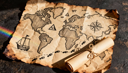 An antique, burnt-edged world map with a compass rose, a sailing ship, and other symbols, accompanied by rolled-up scrolls, evoking a sense of adventure and discovery.の素材