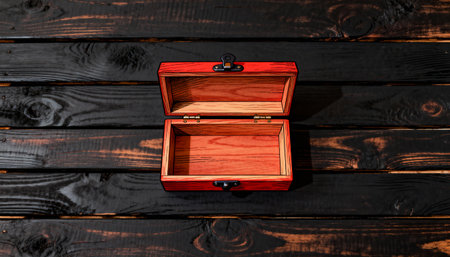 An open, empty wooden treasure chest with a red exterior and natural wood interior, centered on a dark, rustic wooden table. The chest is viewed from directly above, highlighting its simple design and the texture of the wood.の素材