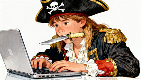 A young person dressed as a pirate, complete with a hat and ruffled shirt, holds a knife in their mouth while typing on a laptop, suggesting a playful yet intense focus on digital activities.の素材