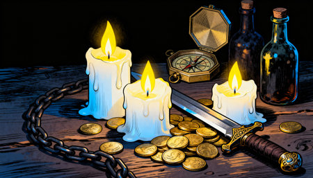 A captivating still life featuring three glowing candles illuminating a pile of gold coins, a dagger, a compass, and old bottles, evoking a sense of adventure and hidden pirate treasure.の素材