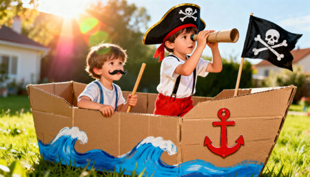 Two adorable young boys are dressed as pirates, one with a spyglass and the other with a mustache, playing on a homemade cardboard boat in a sunny backyard, embodying imaginative childhood fun.の素材