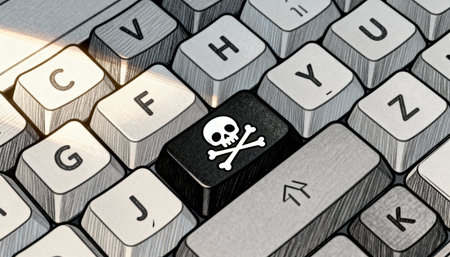 A close-up shot of a computer keyboard with a black key featuring a white skull and crossbones symbol, highlighting themes of cyber security risks, piracy, and online dangers.の素材
