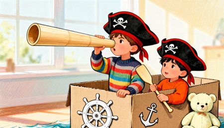 Two adorable young boys, dressed as pirates with eye patches and hats, are joyfully playing in a homemade cardboard box boat, using a telescope to scan the horizon and a paddle to navigate their imaginary adventure.の素材
