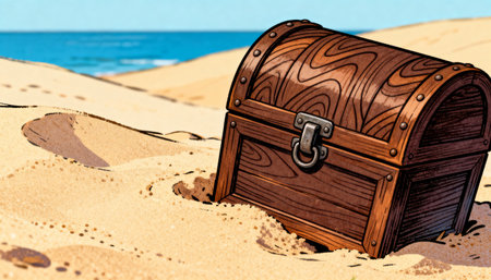 A classic wooden treasure chest, with metal clasps and details, partially buried in the golden sand of a sunny tropical beach, with the blue ocean and sky in the background.の素材