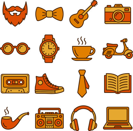 A vibrant collection of hipster lifestyle accessories and retro gadgets, including a beard, bow tie, guitar, camera, glasses, watch, coffee cup, scooter, cassette, sneaker, tie, book, pipe, boombox, .のイラスト素材