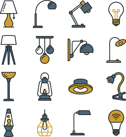A diverse set of icons depicting different types of lamps, including floor lamps, desk lamps, wall sconces, pendant lights, and light bulbs, all rendered with clean lines and a simple color palette.のイラスト素材