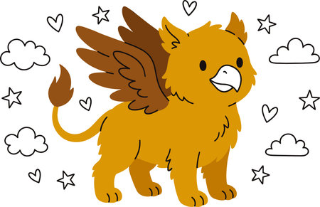 A charming and adorable cartoon griffin, depicted with a friendly expression and fluffy fur, perfect for children's books or fantasy themes.のイラスト素材