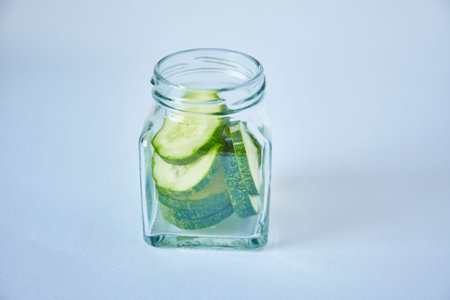 Cucumber sliced pickle in bottle on white backgroundの写真素材