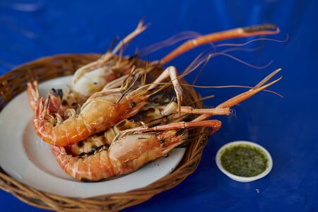 Grilled prawns with spicy sauceの写真素材