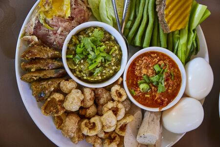 Thai northern traditional food, top view of northern Thai chili dip set.の写真素材