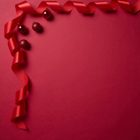 Red ribbon and christmas balls on red background, copy space for textの写真素材