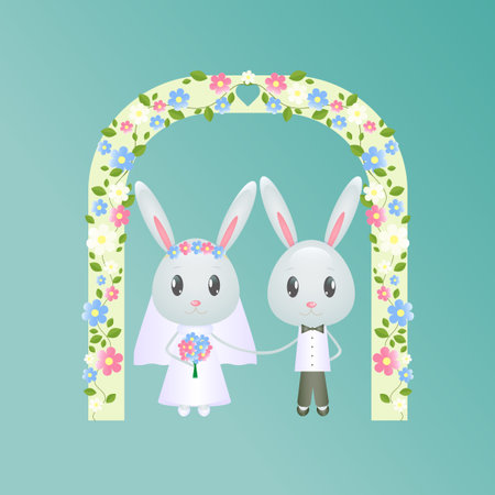 Wedding Rabbit under wedding arch,  decorated with flowersのイラスト素材