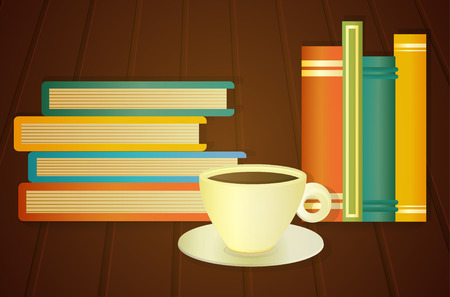 stack of books and cup of coffee on the table, vector illustrationのイラスト素材