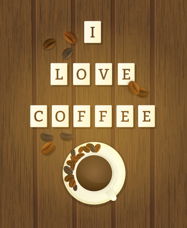 letter tiles spelling i love coffee, coffee beans, and cup on wooden background, vector illustrationのイラスト素材