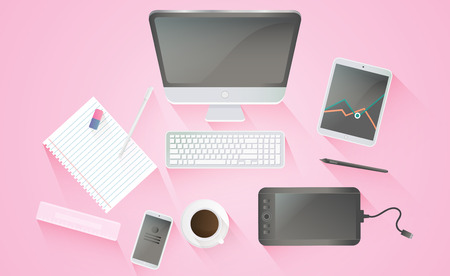 Creative office workplace. Icons set of business work flow items, elements and gadgets.のイラスト素材