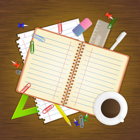 School stationery and empty notebook on wooden background, vector illustrationのイラスト素材