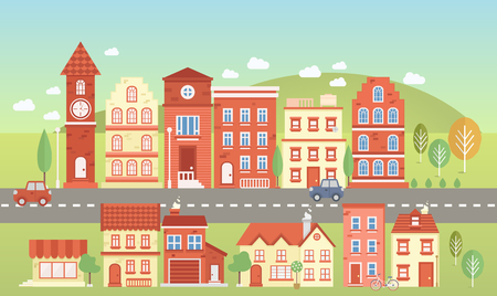 Vecor town set. Elements for city illustration. Buildings, transport. trees icons. Town infographic elements. Vector illustrationのイラスト素材