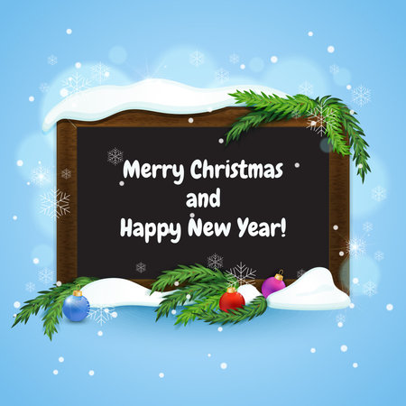 Christmas greeting card. Blackboard in wooden frame with fir branches and christmas baubles. Winter background. Vector illustrationのイラスト素材