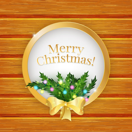 Merry Christmas greeting card  with christmas tree and golden bow.  Christmas tree branches on wooden background. Vector illustrationのイラスト素材